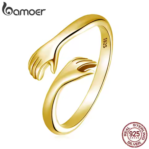 Bamoer 925 Sterling Silver Embrace Ring Hug Warmth and Love Women 18 K Metal Texture Gold Adjustable