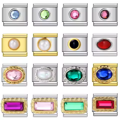 URING Trendy Rectangle Ellipse Round Colorful CZ Charms Italian Links 9mm Bracelets Bangle Stainless