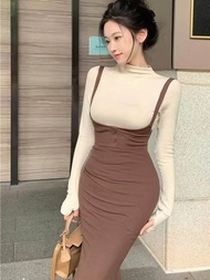 Oneset turtle neck long Sleeve top + strap MIDI dress