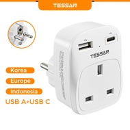 TESSAN Singapore to Indonesia Korea European Travel Plug Adapter, Travel Adaptor with 2 USB Ports
