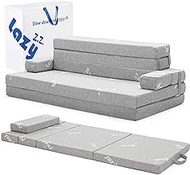 Lazyzizi Sleep 4 Inch Foldable Mattress, Portable Floor Mattress Couch with Headrest, Washable Cover, Foldable Foam Couch Queen for Guest Bed, Folding Sofa Bed, Camping, Road Trip, Light Grey