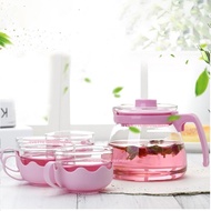 Tea Pot Set Kaca 5 In 1 / 1 Teko Set Kaca / 4 Cangkir Kopi - Pink
