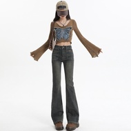 Retro Blue Denim Flared Pants Women Double Pocket Car Logo Flared Pants