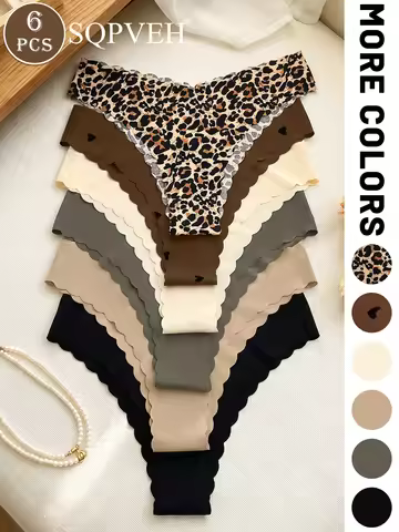 6PCS Women's Seamless Thong Panties Soft Smooth No-Show Underwear Wave Edge Daily Briefs Leopard Pri