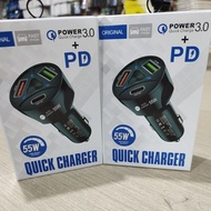 Quick charger car charger 55w 3in1 3.0 3 port 2 usb and 1 usb type c charger