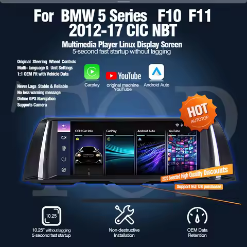 AUTOTOP 10.25" 1280*480 Wireless Carplay Android Auto for BMW 5 Series F10 F11 CIC NBT 2012-2017,You