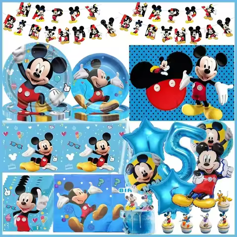 Blue Mickey Mouse Theme Kids Birthday Party Supplies Disposable Tableware Set, Mickey Blue Paper Pla