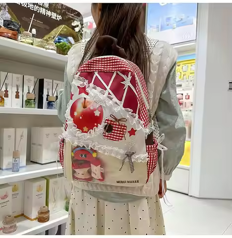 Backpack Camvas Lace Patchwork Fashion Apple Lolita High-Capacity Korean Sweet Bookbag Office Lady