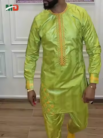 MD African Clothing For Man Traditional Agbada Sets 2PCS Green Bazin Riche Shirt Pant Embroidered We