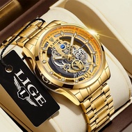 Lige นาฬิกาผู้ชายใหม่นาฬิกาข้อมือควอตซ์โครงกระดูกทองนาฬิกาผู้ชายย้อนยุคนาฬิกาแบรนด์หรูชั้นนำ
