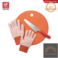 ZWILLING ชุดมีด เขียง และถุงมือ 3 ชิ้น ปลอดภัย สีส้ม N54350403 Peacock Steps