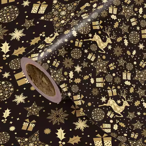 1 Roll of Christmas Wrapping Paper | Dark Brown Background with Golden Christmas Elements Suitable f