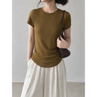 Irregular Pleated Narrow Waist Round Neck Women's Summer T-Shirt - AN444