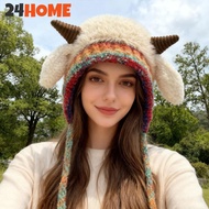 24HOME Winter Cute Little Sheep Ear Hat Thick Plush Knitted Hat Girls Winter Warm Ear Protection Bea