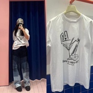 GANNI  24New Letter Wine Glass Lipstick Printed Short Sleeve White round Neck Loose Cotton White T S