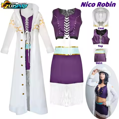 Nico Robin Cosplay Costume Anime One Piece Purple Dress Uniform Long Fur Collar White Cloak Punk Out