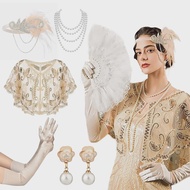 5pcs 1920s Sequin Bead Shawl Accessories Headbands Clothing Womens 1920s Shawl Earrings Necklaces Gl