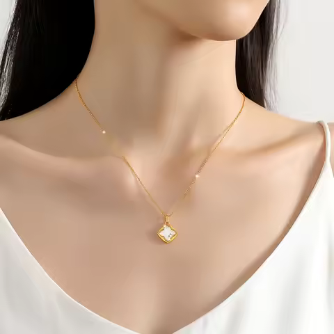 18K Gold Necklace Classic Four Leaf Clover 100% AU750 Pendant White Shell for Women Trendy Jewelry A