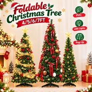 4/5/6/7FT Foldable Christmas Tree Pop Up Makapal with Decoration Set Artificial Slim Xmas Tree