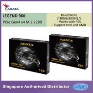 ADATA LEGEND 960 PCIe Gen4 x4 M.2 2280 SSD Read/Write speed 7,400/6,800MB/s (1TB | 2TB) [AD 1020 / A