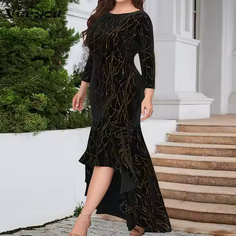 Fashion Irregular Shinny 3/4 Sleeve Party Dress Women O Neck Evening Dress Plus Size Women Autumn Ma