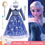 Elsa Costume Cosplay Long Sleeve Plush Dark Blue Dress For Baby Girl Frozen Halloween Christmas Outfits Mesh Gown For Kids