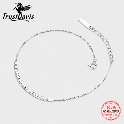 TrustDavis Real 925 Sterling Silver Anklets Fashion Geometric Beads Anklets for Women Birthday Gift 
