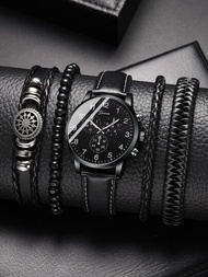 5入組男士手錶，黑色PU皮帶石英錶，商務及時尚手錶，配手鍊及編織皮手鐲，手錶套裝