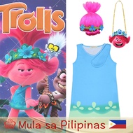 Cartoon Trolls Poppy halloween costume for kids girl princess Dress Wig Bag Cosplay Birthday outfit