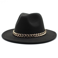 Fedora Hats for Women Men Wide Brim Thick Gold Chain Band Felted Hat Jazz Cap Winter Panama Red Hat