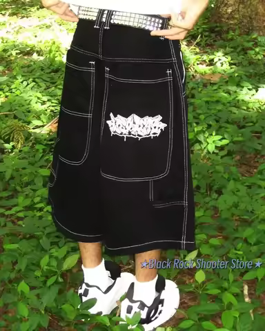 Wexwear Letter Embroidery Graphic Shorts Harajuku Streetwear Hip Hop Y2k Black Jeans Denim Baggy Gym
