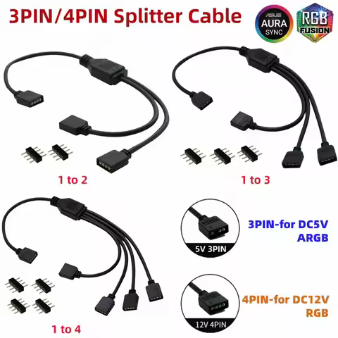 30CM Black 3Pin 4Pin Splitter Cable 1 To 2/3/4 Ways Connector DC5V 3pin ARGB DC12V 4Pin RGB Aura Syn
