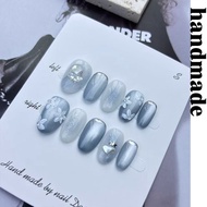 Press on nails handmade [Summer Ice Blue] handmade Wear nails Summer Ice Crystal Cat Eye Blue White 