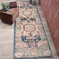 Rustic Geometric Distressed Polypropylene Indoor Runner Rug with Jute Backing, 2' 7" x 8', Blue