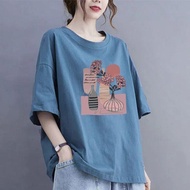 Fq100% Cotton 100kg Large Size Summer Loose Round Neck T-shirt All-Match Short-Sleeved Top Printed C