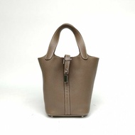 HERMES Picotin菜籃子18大象灰TC皮框Q銀扣肩背包