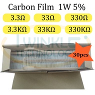 Resistor 1W 3.3 ohm, 33 ohm, 330 ohm, 3.3K ohm, 33K ohm, 330K ohm 1W 5% 30 Units / Pack