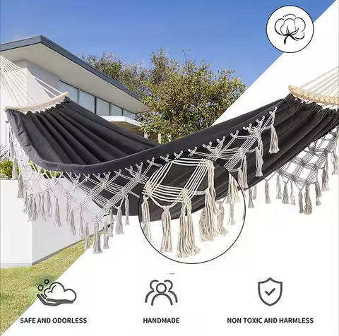 Canvas Fringe Hanging Hammock Single Double Outdoor Camping Swing Indoor Homestay Balcony Decor