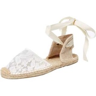 美國品牌Soludos超美Chantilly透白米色綁帶蕾絲草鞋