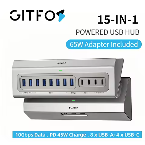 Gitfos Powered USB Hub,15 in 1 USB 3.2 Hub, 10Gbps, 7 USB A 3.0 Ports,for PC,Laptop,MacBook,iPad
