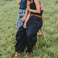 靛藍色 寬鬆闊腿牛仔褲 中性款文藝複古美式風 丹寧寬褲牛仔褲