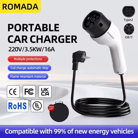 ROMADA Type2 Portable EV Charger 3.5KW 16A, IP66 Waterproof EU Plug EV Charging Station 3M-20M Cable