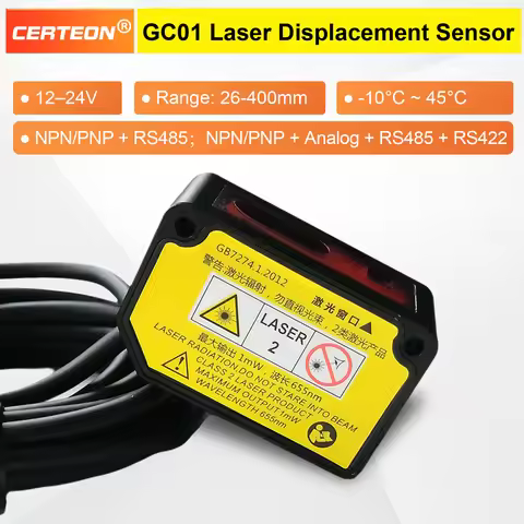 GC01/02T Laser Distance Displacement Sensor Analog Output NPN PNP RS485 High Accuracy Thickness Meas