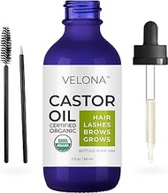 velona USDA Certified Organic Castor Oil - 2 oz | Stimulate Growth Eyelashes, Eyebrows, Hair | Cold pressed, Natural Oil, USP Grade | Hexane Free, Lash Boost Serum, Caster | Starter Kit