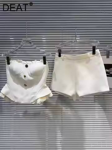 DEAT Women's 2 Pcs Set Elegant Fish Bone Waist Strapless Short Tank Tops Solid Color Pants Suits 202