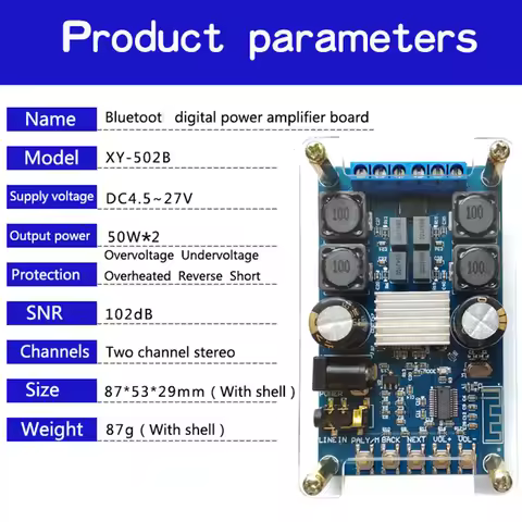 XY-502B Bluetooth Digital Power Amplifier Board Dual-Channel 50W * 2 Audio Amplifier Board With No P