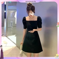 CNY Women Puff Sleeves Square Neck Dress Solid Color Short Sleeve Causal Dress