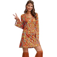 60s 70s Retro Outfit For Women Dress Hippie Costume Disco Flower Dress Halloween Purim Carvinal Part