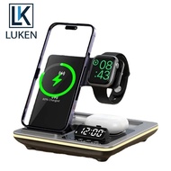 LUKEN Auto 5 In 1 Wireless Charger Stand Alarm Clock LED Light Fast Wireless Charging Station Dock for iPhone 15 14 IWatch Airpods Pro