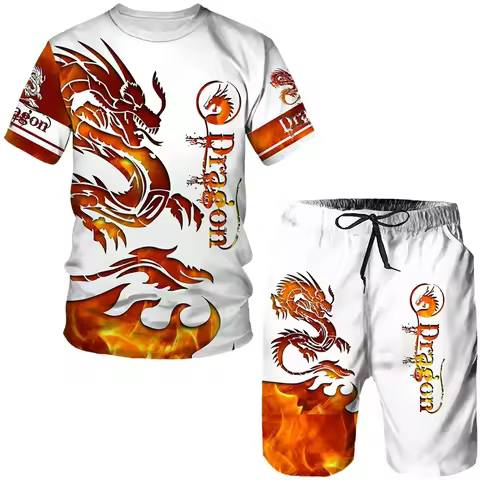 Summer Dragon Lord Pattern Men's T Shirts+Shorts 2PCS Outfits Casual Shorts Sets 3D Print Cool Man C